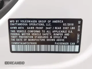 2015 Volkswagen Passat SE с VIN 1VWBV7A34FC076935, выставлен на аукционе IAAI как лот 42394375 с пробегом 172 408 миль миль и . История ставок и продаж доступна на DreamBid. Изображение 9.