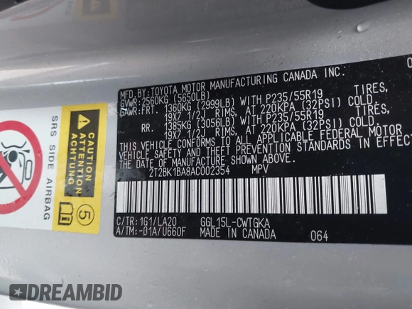 2010 Lexus RX with VIN 2T2BK1BA8AC002354, listed as a IAAI auction lot 41222930 with 117,451 mi miles and . Bid and sale history available at carsss.com. Image 9.