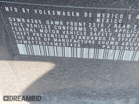 2019 Volkswagen Jetta GLI S с VIN 3VW6T7BU7KM237429, выставлен на аукционе IAAI как лот 42060032 с пробегом 56 044 миль миль и . История ставок и продаж доступна на DreamBid. Изображение 9.