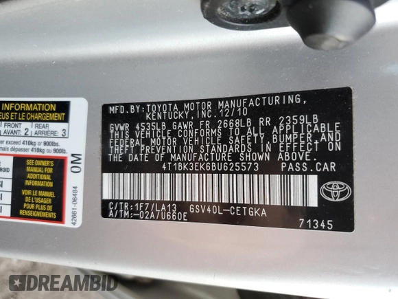 2011 Toyota Camry LE with VIN 4T1BK3EK6BU625573, listed as a Copart auction lot 44338055 with 209,831 mi miles and Salvage Title. Bid and sale history available at carsss.com. Image 12.