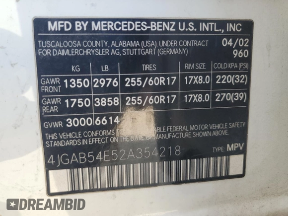 2002 Mercedes-Benz M-Class with VIN 4JGAB54E52A354218, listed as a Copart auction lot 73597344 with 161,247 mi miles and Clean Title. Bid and sale history available at carsss.com. Image 13.