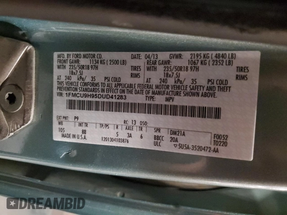 2013 Ford Escape SEL с VIN 1FMCU9H95DUD41283, выставлен на аукционе Copart как лот 60228855 с пробегом 136 156 миль миль и Списание • Salvage title. История ставок и продаж доступна на DreamBid. Изображение 13.