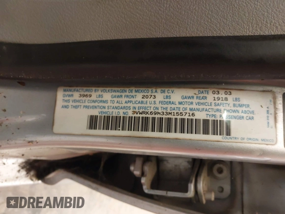 2003 Volkswagen Jetta GL с VIN 3VWRK69M33M155716, выставлен на аукционе IAAI как лот 41716517 с пробегом 175 174 миль миль и . История ставок и продаж доступна на DreamBid. Изображение 9.