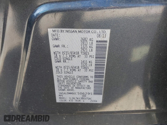2014 Infiniti QX60 with VIN 5N1AL0MM6EC506295, listed as a IAAI auction lot 42549315 with 157,766 mi miles and . Bid and sale history available at DreamBid. Image 9.