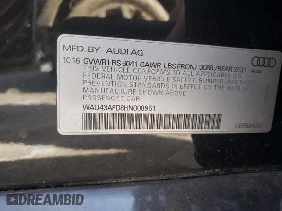 2017 Audi A8 Sport z VIN WAU43AFD8HN008951, wystawiony jako Copart lot #61066193 z przebiegiem Nie podano mil oraz Nie do naprawy • Non repairable. Historia ofert i sprzedaży dostępna na DreamBid. Obrazek 12.