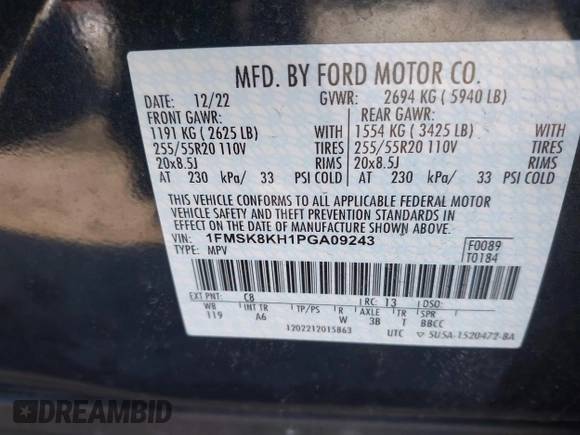 2023 Ford Explorer ST-Line с VIN 1FMSK8KH1PGA09243, выставлен на аукционе IAAI как лот 41378149 с пробегом 26 963 миль миль и . История ставок и продаж доступна на DreamBid. Изображение 9.