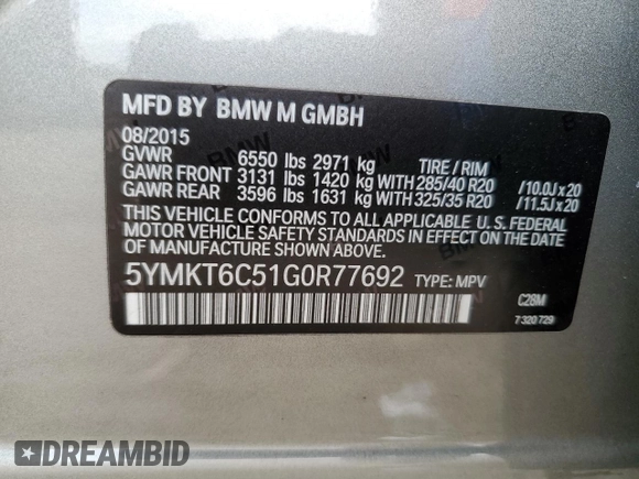 2016 BMW X5 M z VIN 5YMKT6C51G0R77692, wystawiony jako Copart lot #81979013 z przebiegiem 56 774 mil mil oraz . Historia ofert i sprzedaży dostępna na DreamBid. Obrazek 13.