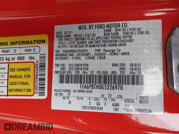 2016 Ford Mustang EcoBoost with VIN 1FA6P8TH0G5226970, listed as a IAAI auction lot 41884168 with 86,272 mi miles. Bid and sale history available at carsss.com. Image 9.