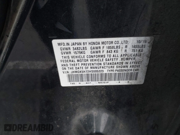 2017 Honda Fit EX with VIN JHMGK5H72HS005223, listed as a IAAI auction lot 41562548 with 160,863 mi miles and . Bid and sale history available at DreamBid. Image 9.