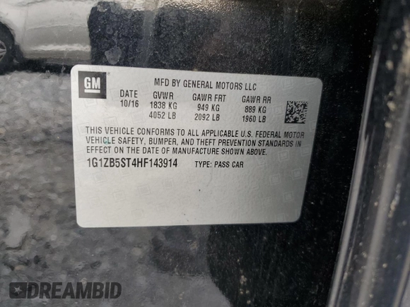 2017 Chevrolet Malibu LS with VIN 1G1ZB5ST4HF143914, listed as a Copart auction lot 54863905 with 105,105 mi miles and Salvage Title. Bid and sale history available at DreamBid. Image 12.