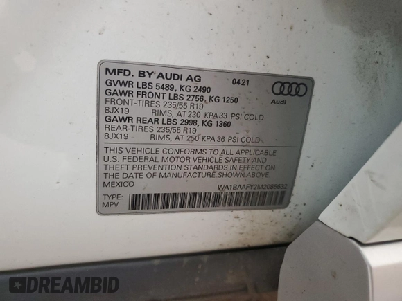 2021 Audi Q5 Premium Plus with VIN WA1BAAFY2M2085632, listed as a Copart auction lot 59836805 with 22,059 mi miles and Salvage title. Bid and sale history available at DreamBid. Image 12.