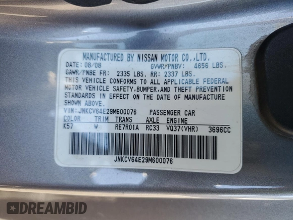 2009 Infiniti G37 Sport with VIN JNKCV64E29M600076, listed as a Copart auction lot 42283385 with 177,177 mi miles and Salvage Title. Bid and sale history available at DreamBid. Image 12.