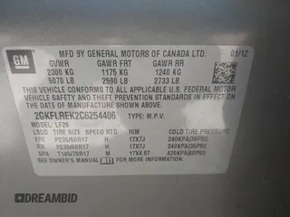 2012 GMC Terrain SLE-1 with VIN 2GKFLREK2C6254406, listed as a IAAI auction lot 42450169 with Not provided miles and . Bid and sale history available at DreamBid. Image 9.