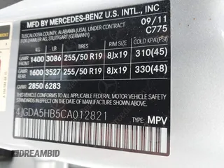 2012 Mercedes-Benz M ML 350 with VIN 4JGDA5HB5CA012821, listed as a IAAI auction lot 42128070 with 94,749 mi miles. Bid and sale history available at carsss.com. Image 9.