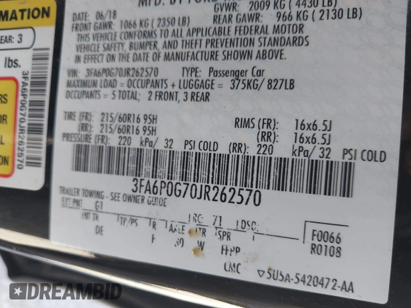 2018 Ford Fusion S with VIN 3FA6P0G70JR262570, listed as a IAAI auction lot 41726472 with 77,658 mi miles. Bid and sale history available at carsss.com. Image 9.
