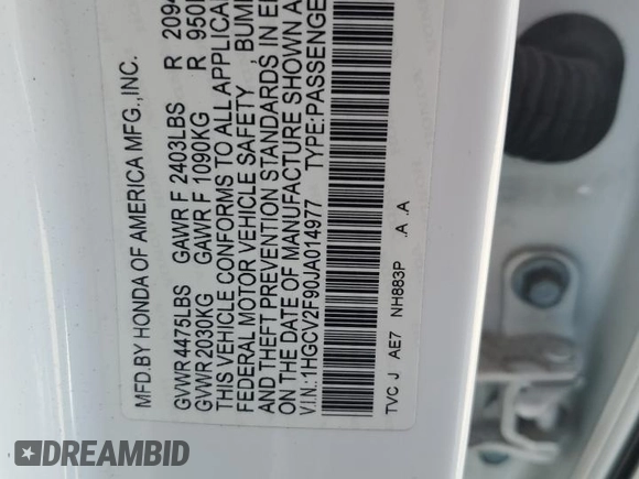 2018 Honda Accord Touring with VIN 1HGCV2F90JA014977, listed as a Copart auction lot 52817165 with 117,928 mi miles and Salvage title. Bid and sale history available at DreamBid. Image 12.