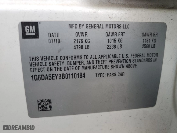 2011 Cadillac CTS Sedan with VIN 1G6DA5EY3B0110184, listed as a Copart auction lot 51017825 with 0 mi miles and Salvage Title. Bid and sale history available at carsss.com. Image 13.