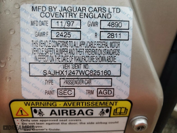 1998 Jaguar XJ with VIN SAJHX1247WC825160, listed as a Copart auction lot 74563884 with 0 mi miles and Non Repairable. Bid and sale history available at carsss.com. Image 13.