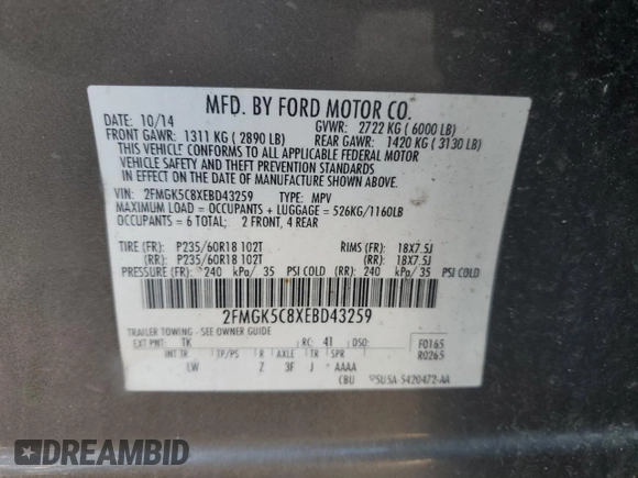 2014 Ford Flex SEL z VIN 2FMGK5C8XEBD43259, wystawiony jako Copart lot #56129285 z przebiegiem 142 203 mil mil oraz Szkoda całkowita • Salvage title. Historia ofert i sprzedaży dostępna na DreamBid. Obrazek 12.