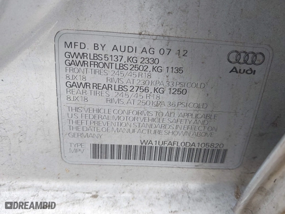 2013 Audi allroad Premium Plus with VIN WA1UFAFL0DA105820, listed as a IAAI auction lot 42095816 with 213,368 mi miles. Bid and sale history available at carsss.com. Image 9.