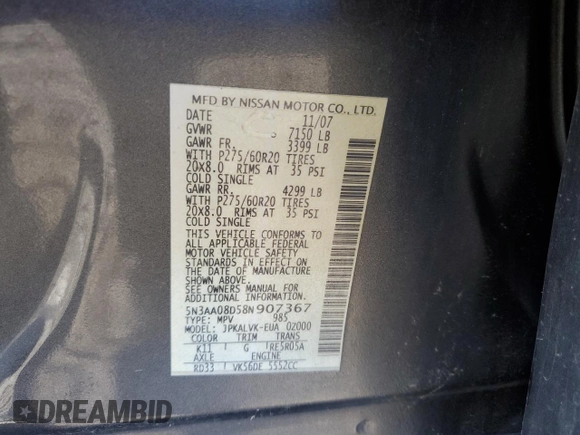 2008 Infiniti QX56 with VIN 5N3AA08D58N907367, listed as a Copart auction lot 47493095 with Not provided miles and Salvage title. Bid and sale history available at DreamBid. Image 16.