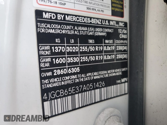 2007 Mercedes-Benz R 3.5L с VIN 4JGCB65E37A051426, выставлен на аукционе Copart как лот 43087465 с пробегом 188 093 миль миль и Чистый • Clean title. История ставок и продаж доступна на DreamBid. Изображение 12.