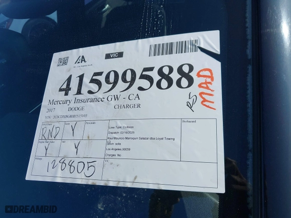 2017 Dodge Charger SE with VIN 2C3CDXBG8HH515103, listed as a IAAI auction lot 41599588 with 128,805 mi miles. Bid and sale history available at carsss.com. Image 17.