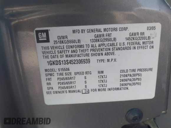 2005 GMC Envoy SLE with VIN 1GKDS13S452306939, listed as a IAAI auction lot 41931667 with 236,955 mi miles and . Bid and sale history available at DreamBid. Image 9.