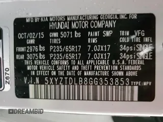 2016 Hyundai Santa Fe z VIN 5XYZTDLB8GG353853, wystawiony jako Copart lot #51740105 z przebiegiem 147 007 mil mil oraz Szkoda całkowita • Salvage title. Historia ofert i sprzedaży dostępna na DreamBid. Obrazek 14.