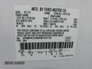 2019 Ford Edge SEL with VIN 2FMPK3J98KBC43110, listed as a Copart auction lot 54412115 with 80,685 mi miles and Salvage title. Bid and sale history available at DreamBid. Image 13.