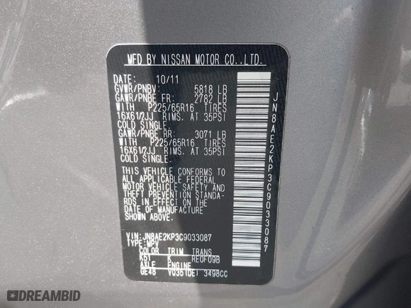 2012 Nissan Quest SL with VIN JN8AE2KP3C9033087, listed as a IAAI auction lot 41979763 with 83,085 mi miles. Bid and sale history available at carsss.com. Image 9.