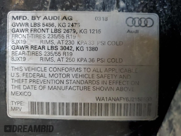 2018 Audi Q5 Premium with VIN WA1ANAFY6J2158593, listed as a Copart auction lot 60899955 with 141,479 mi miles and Clean title. Bid and sale history available at DreamBid. Image 12.
