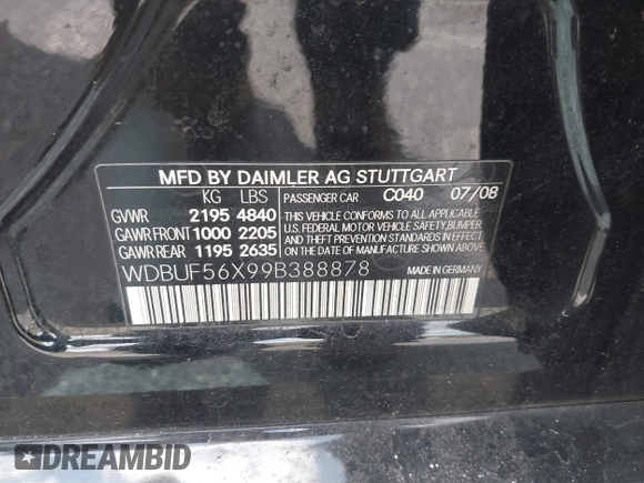 2009 Mercedes-Benz E 350 Luxury with VIN WDBUF56X99B388878, listed as a IAAI auction lot 41993375 with 279,917 mi miles and . Bid and sale history available at carsss.com. Image 9.