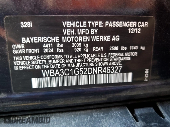 2013 BMW 3 Series 328i with VIN WBA3C1G52DNR46327, listed as a Copart auction lot 49737145 with 105,670 mi miles and Salvage Title. Bid and sale history available at DreamBid. Image 13.