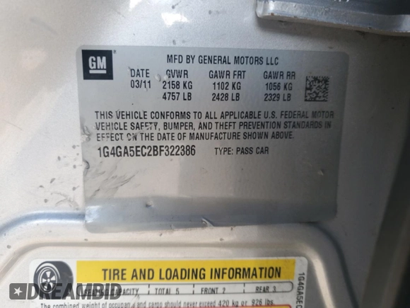 2011 Buick LaCrosse CX with VIN 1G4GA5EC2BF322386, listed as a Copart auction lot 83600824 with 109,835 mi miles and Salvage Title. Bid and sale history available at carsss.com. Image 14.