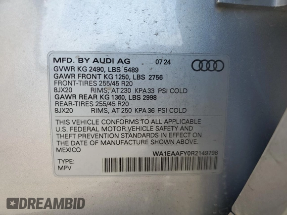 2024 Audi Q5 S line Premium Plus with VIN WA1EAAFY0R2149798, listed as a Copart auction lot 63497095 with 5,068 mi miles and Salvage title. Bid and sale history available at DreamBid. Image 13.