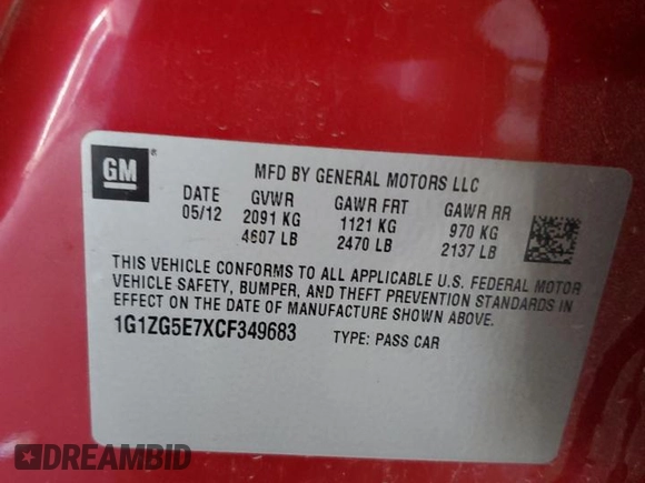 2012 Chevrolet Malibu LTZ with VIN 1G1ZG5E7XCF349683, listed as a Copart auction lot 55228285 with 133,981 mi miles and Salvage Title. Bid and sale history available at DreamBid. Image 12.