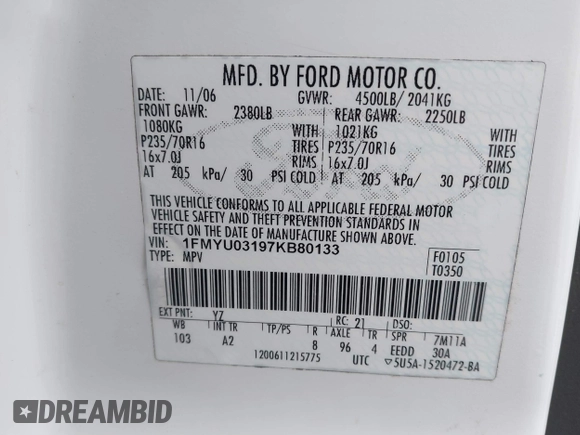 2007 Ford Escape XLT with VIN 1FMYU03197KB80133, listed as a IAAI auction lot 41084715 with 185,132 mi miles and . Bid and sale history available at DreamBid. Image 9.