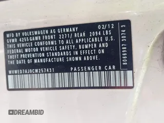 2012 Volkswagen GTI PZEV с VIN WVWED7AJ0CW257431, выставлен на аукционе IAAI как лот 42280220 с пробегом Не указан миль и . История ставок и продаж доступна на DreamBid. Изображение 9.