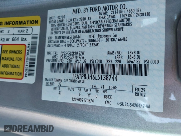 2020 Ford Mustang EcoBoost with VIN 1FATP8UH6L5138744, listed as a IAAI auction lot 41264200 with 55,408 mi miles and . Bid and sale history available at carsss.com. Image 9.