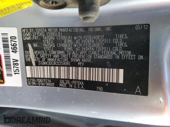2012 Toyota Sienna LE AAS with VIN 5TDKK3DC8CS259085, listed as a Copart auction lot 73592584 with 198,370 mi miles and Salvage Title. Bid and sale history available at DreamBid. Image 13.