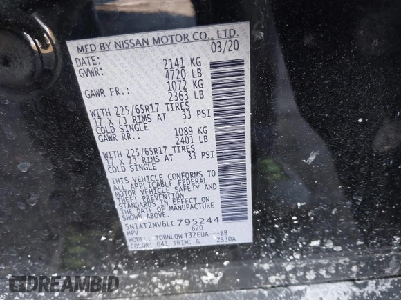 2020 Nissan Rogue SL with VIN 5N1AT2MV6LC795244, listed as a IAAI auction lot 41396503 with 53,694 mi miles and . Bid and sale history available at DreamBid. Image 9.