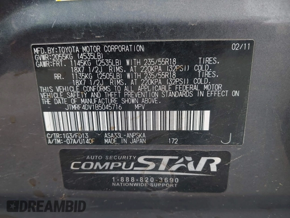 2011 Toyota RAV4 Sport with VIN JTMRF4DV1B5045716, listed as a IAAI auction lot 42073546 with 200,598 mi miles and . Bid and sale history available at DreamBid. Image 9.