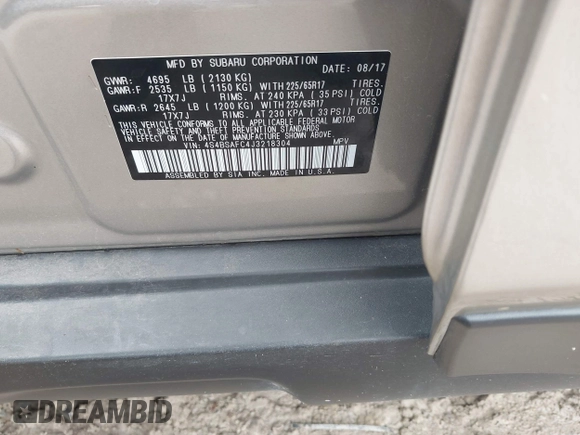 2018 Subaru Outback Premium with VIN 4S4BSAFC4J3218304, listed as a IAAI auction lot 42335512 with 91,320 mi miles and . Bid and sale history available at DreamBid. Image 9.