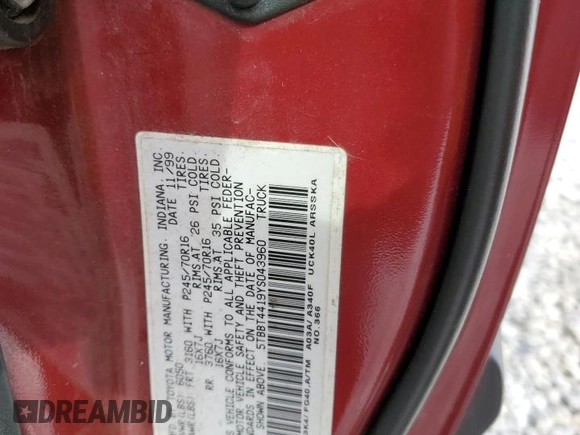 2000 Toyota Tundra SR5 with VIN 5TBBT4419YS043960, listed as a Copart auction lot 54897125 with 162,606 mi miles and Clean Title. Bid and sale history available at DreamBid. Image 12.
