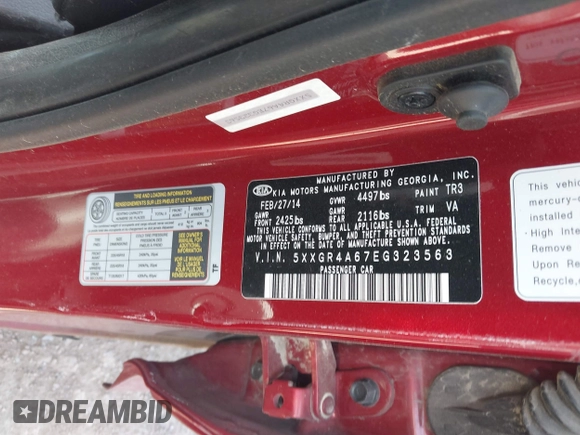 2014 Kia Optima SXL Turbo with VIN 5XXGR4A67EG323563, listed as a IAAI auction lot 41906029 with Not provided miles and . Bid and sale history available at DreamBid. Image 9.