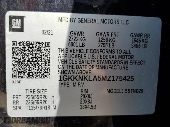 2021 GMC Acadia SLE z VIN 1GKKNKLA5MZ175425, wystawiony jako Copart lot #53749235 z przebiegiem 94 105 mil mil oraz Szkoda całkowita • Salvage title. Historia ofert i sprzedaży dostępna na DreamBid. Obrazek 13.