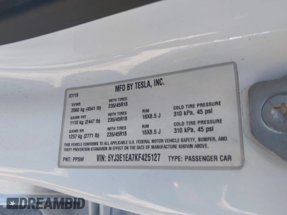 2019 Tesla Model 3 Mid Range with VIN 5YJ3E1EA7KF425127, listed as a IAAI auction lot 41886436 with 87,236 mi miles and . Bid and sale history available at carsss.com. Image 9.