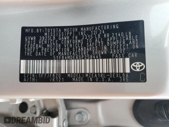 2025 Toyota Corolla LE z VIN 5YFB4MDE6SP258445, wystawiony jako Copart lot #60828925 z przebiegiem 8 140 mil mil oraz Czysty tytuł • Clean title. Historia ofert i sprzedaży dostępna na DreamBid. Obrazek 13.
