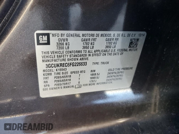 2015 Chevrolet Silverado 1500 LT with VIN 3GCUKREC6FG226633, listed as a Copart auction lot 43912075 with 125,940 mi miles and Clean Title. Bid and sale history available at DreamBid. Image 12.